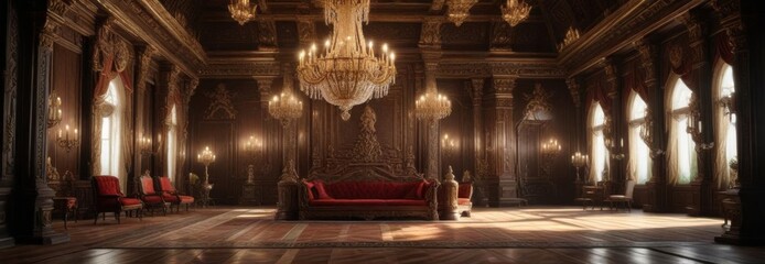 Obraz premium Opulent throne room with grand chandeliers and intricate wood carvings , luxury, wooden furniture, grandeur