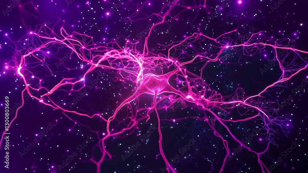 Poster glowing neon neural network in abstract cosmic scene with pink lights and futuristic design for scie