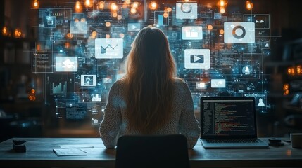 Woman Analyzing Digital Data and Graphics in Modern Workspace