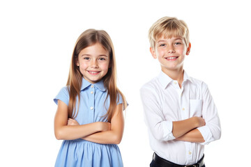 boy and a girl standing next to each other with their arms crossed