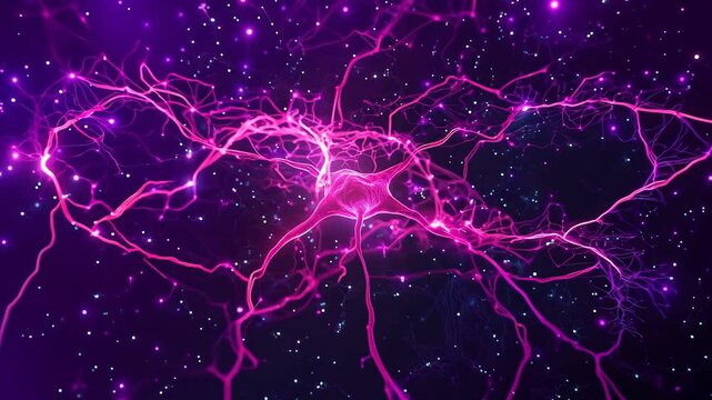 Glowing Neon Neural Network in Abstract Cosmic Scene with Pink Lights and Futuristic Design for Science and Technology Themes