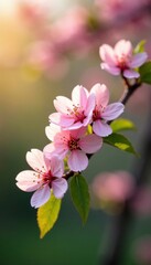 Obraz premium Delicate pink blossoms on a tree, soft light, vibrant green leaves, bloom, springtime