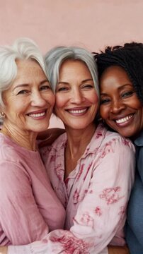 A group of three elderly women smile together. Women day. 