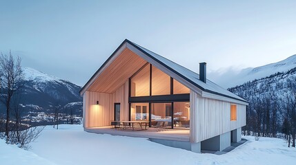 Modern Cabin Exterior in Snow Covered Landscape with Mountain Backdrop