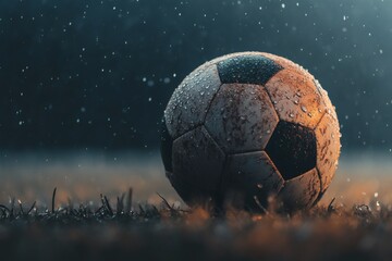 Fototapeta premium Rain-soaked soccer ball gleaming under muted lights. Generative AI