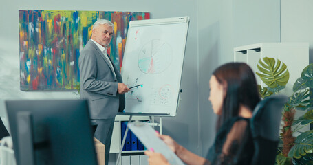 Obraz premium Head of elderly corporation stands at chart in middle of company's office explains income profits statistics to assistant talks about relationships woman checks documents against manager's lecture