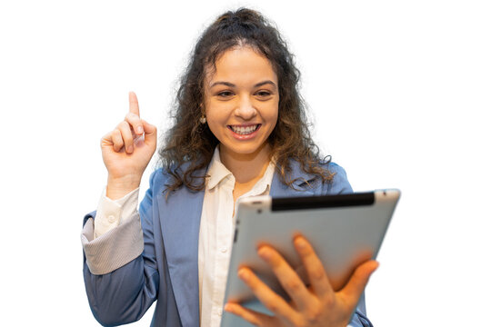 Happy businesswoman holding tablet having video call and pointing her finger up