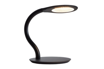 Modern Black Desk Lamp With Curved Neck Illuminated On Transparent Background