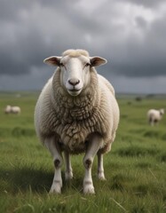 Obraz premium Sheep standing alone in a field under gray sky, sheep, countryside