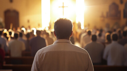 A man in a white shirt stands in a sunlit church, facing a glowing cross as a congregation gathered for worship. The warm lighting evokes faith, spirituality and devotion.