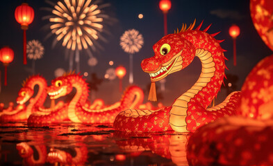 Obraz premium serpent-shaped chinese lanterns glowing in a nighttime festival