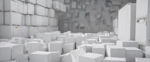 Shuffled white box containers scattered across a plain background with uncluttered space, unordered boxes,  clean lines,  simple design