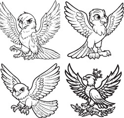 Charming Cartoon Eagle Silhouettes - Black and White Avian Illustrations"