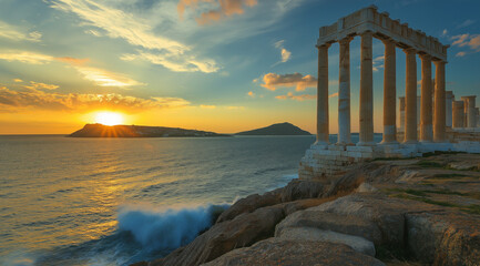 Temple of Poseidon at Cape Sounion, Waves Crashing Below as the Sun Sets Over the Aegean