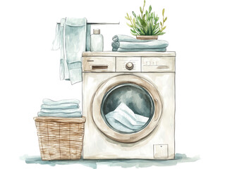 Charming Watercolor Clip Art of a Washer Machine Decorative with Hamper and Fresh Towels for Laundry Room Design