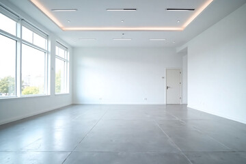 long empty room with large windows and a door