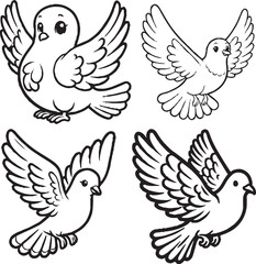Charming Cartoon Dove Silhouettes - Black and White Avian Illustrations
