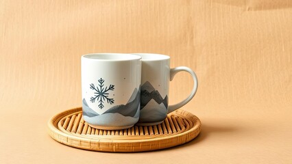 Cozy Winter Mugs Mountain Snowflake Design on Wooden Tray
