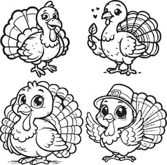 Charming Cartoon Turkey Silhouettes - Black and White Avian Illustrations