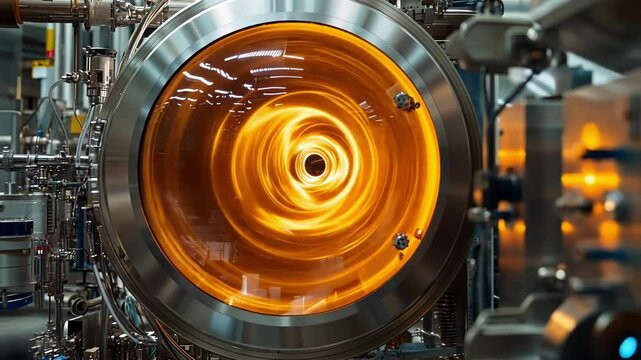 Close up view of a glowing plasma vortex inside a laboratory chamber, showcasing advanced technology and scientific research in energy and physics experiments