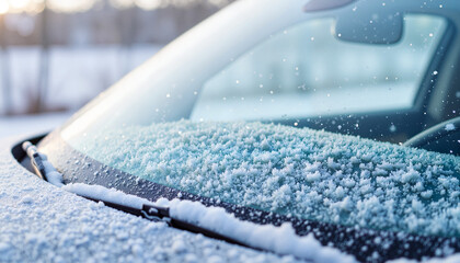 Intricate frost crystals on car windshield, winter beauty