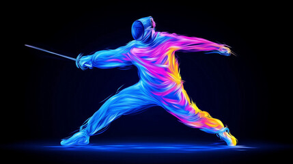 Colorful Neon Fencer Striking Pose T-Shirt Design
