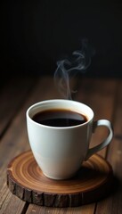 Steaming black coffee in white mug, rustic wood , drinkware, white mug, warm