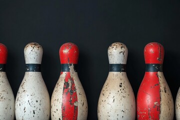 Vintage bowling pins lined up against a dark backdrop. Generative AI