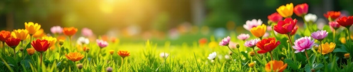 Sun-drenched flowerbeds, green grass, summer abundance, plants, vibrant colors, petals