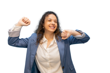 Happy businesswoman stretching with transparent background