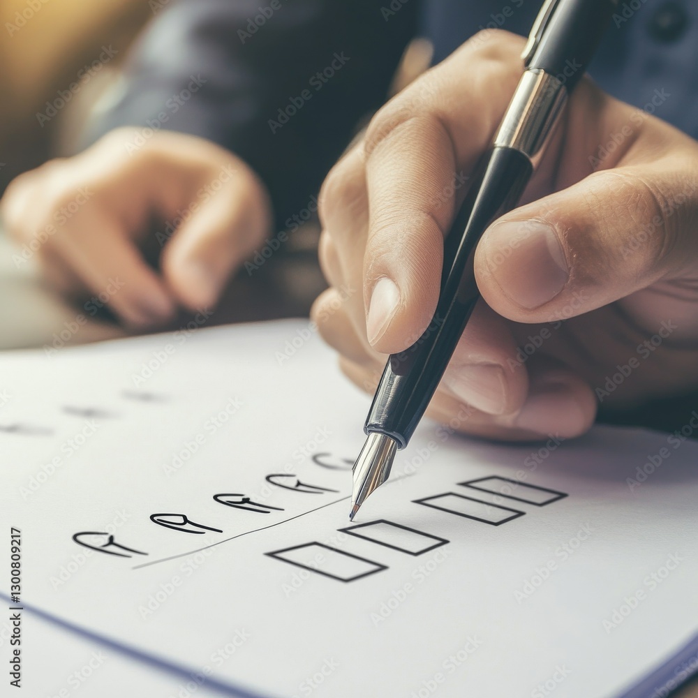 Poster completing a task: close-up of a hand filling out a checklist with a stylish fountain pen for accura