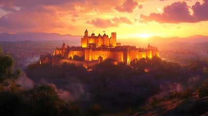 Obraz premium A picturesque scene of Carcassonne's illuminated fortress at twilight, its ancient architecture radiating golden light, surrounded by misty hills under a dramatic sunset sky, hyper-realistic.