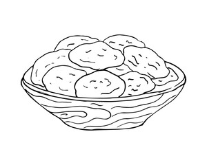 
Dried apricots on a wooden bowl. Hand-drawn illustrayion on white background.