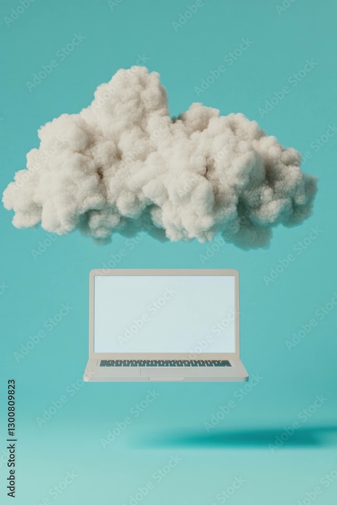 Aufkleber floating laptop under a fluffy cloud symbolizing digital technology and cloud computing in a serene 