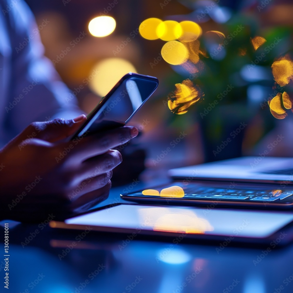 Poster person using phone and tablet in dimly lit room with bokeh lights in background