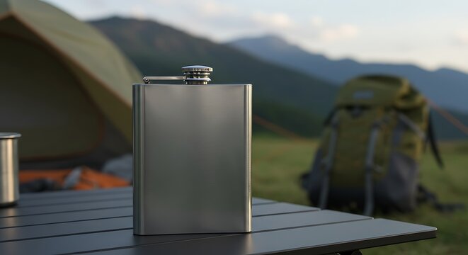 Stainless steel hip flask on an outdoor camping table with mountains in the background, ideal for travel and adventure branding mockups.