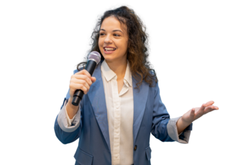 Smiling speaker holding microphone giving a speech on transparent background