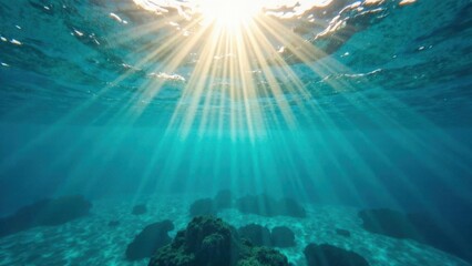 Fototapeta premium Sunlight piercing clear ocean water illuminating underwater rocks