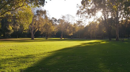 Fototapeta premium Sunny green park landscape with lush trees and shadows in early evening light