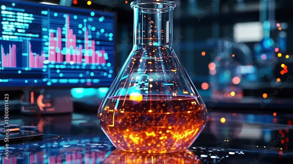 Poster glowing flask sits on a laboratory table, surrounded by scientific equipment and a computer displayi