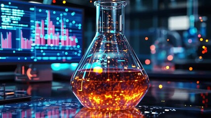 Glowing flask sits on a laboratory table, surrounded by scientific equipment and a computer displaying data charts. The scene conveys a sense of innovation and research - Powered by Adobe