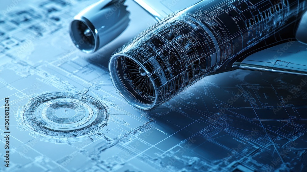 Poster a detailed digital rendering of an aircraft engine with technical schematics.