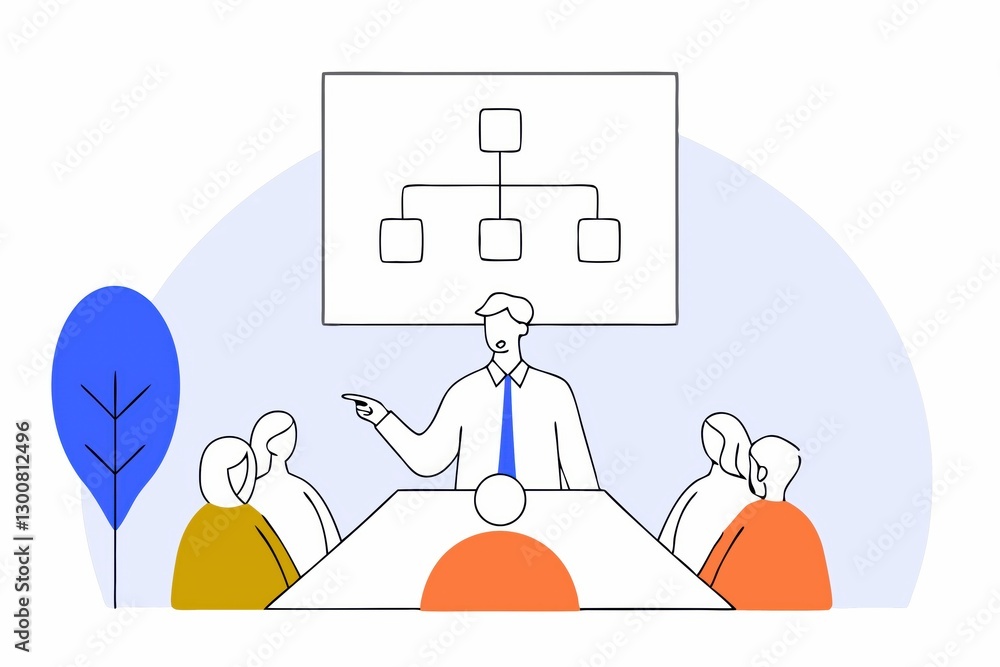 Poster a man presents a flowchart to a group in a modern office meeting, emphasizing collaboration and stru