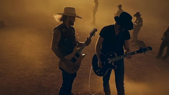 Strumming guitars under the golden glow of sunset at a remote desert location
