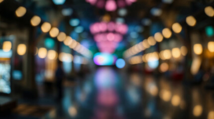 Blurred casino background with bright bokeh lights and neon illumination