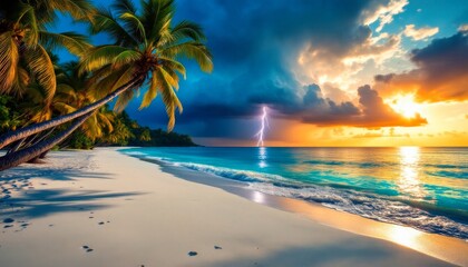 Tropical beach scene featuring a dramatic sunset sky with storm clouds and a flash of lightning over the turquoise ocean. Palm trees on the shore.