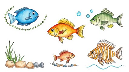 Fototapeta premium Colorful Fish Illustration Aquarium Underwater Marine Life Tropical Aquatic Hand Drawn Cartoon Cute