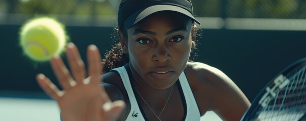 Black female tennis player in sports attire focused on hitting a yellow tennis ball on the court. Concept of athleticism and competition.
