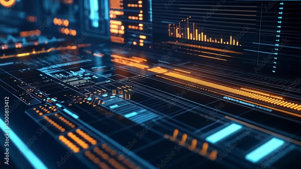 Poster glowing digital interface showcasing complex data visualization with blue and orange elements, repre