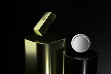 Golden Treasures: A gleaming gold bar and a pristine silver coin, displayed elegantly on polished pedestals against a dark, elegant backdrop.
